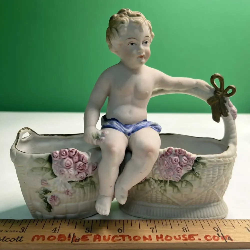 Antique Hal Sey Fifth Ave Cherub Bisque Figural Double Planter